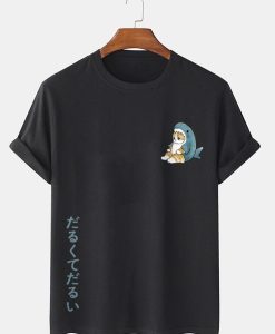 Mens Cartoon Shark Cat Japanese Print Short Sleeve T-Shirt TPKJ3