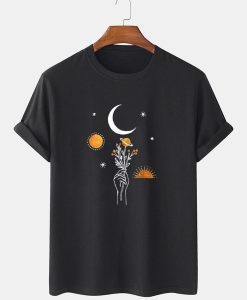 Moon Flowers Print Solid Breathable Loose T-Shirt TPKJ3