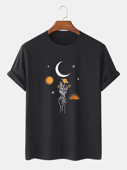 Moon Flowers Print Solid Breathable Loose T-Shirt TPKJ3