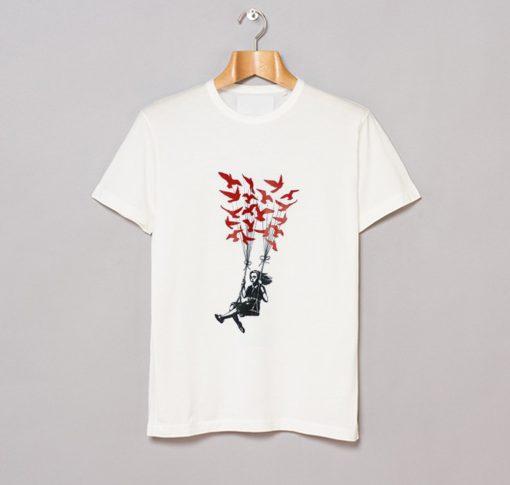 Kid Girl Swing Bird Freedom Balloon Banksy Street Art T-Shirt